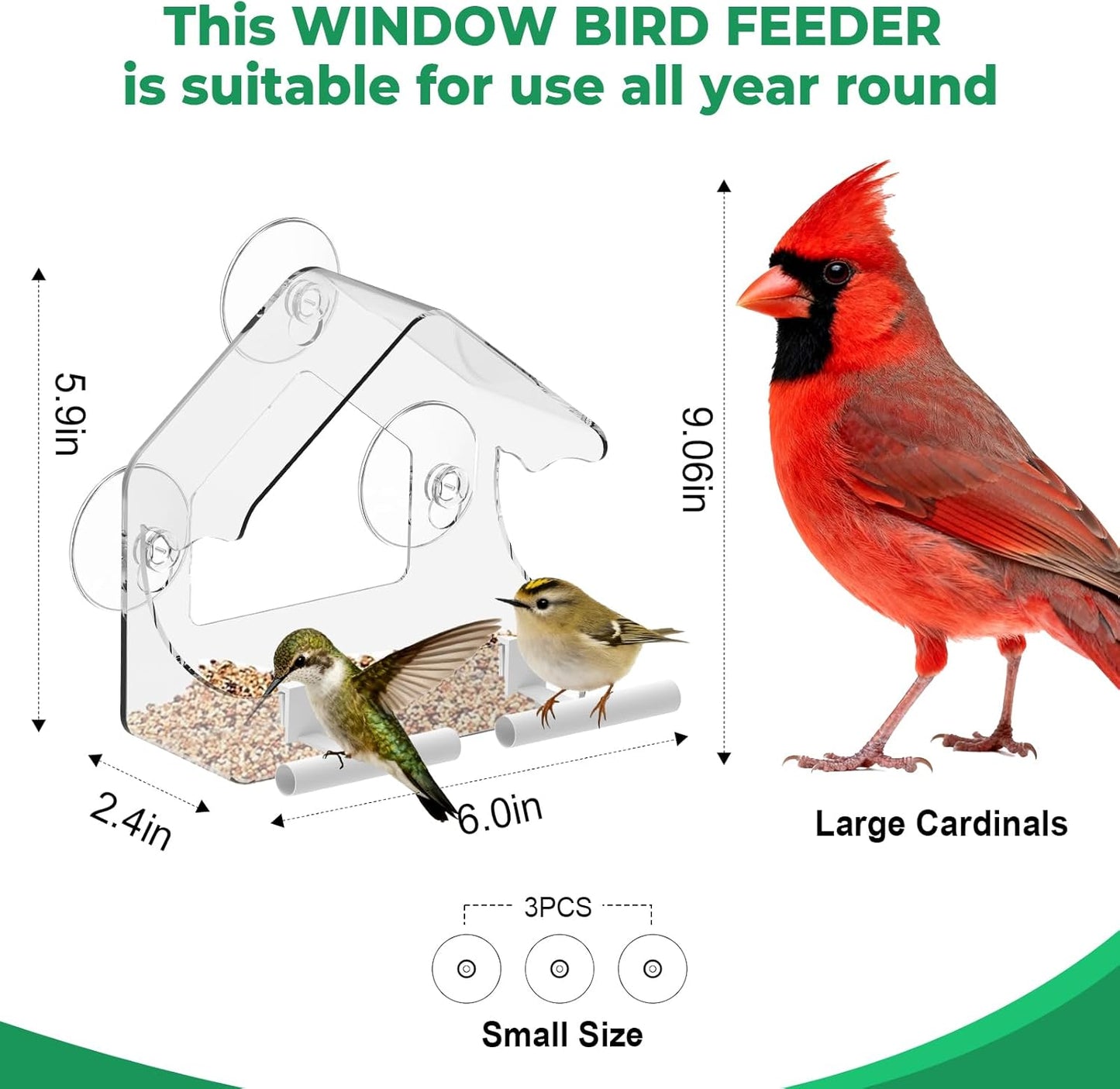 Clear Window Bird Feeder for Outside - Strongest Suction Cups 360° Vie