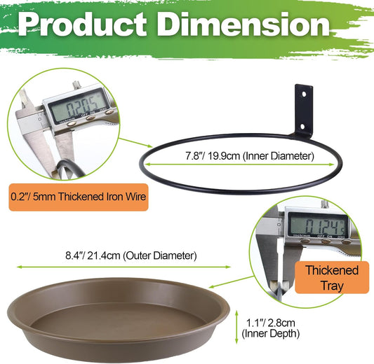 2 Pack Fence Bird Feeder Bath Tray for Outside, 8.4'' Plastic Wild Bird Bath Bowl with Metal Holder for Wood Post, Heavy Duty Wall Tree mounted Pet Squirrel Water Feeder Station Outdoor Garden