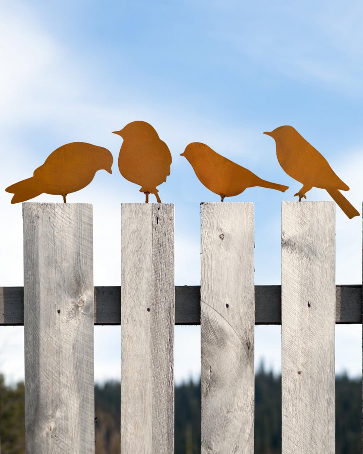 4 Pcs Rusty Metal Birds, Lifelike Patina Bird Decoration for Garden Sculptures and Yard Art, Silhouette Decor, Fence Decorations Outdoor