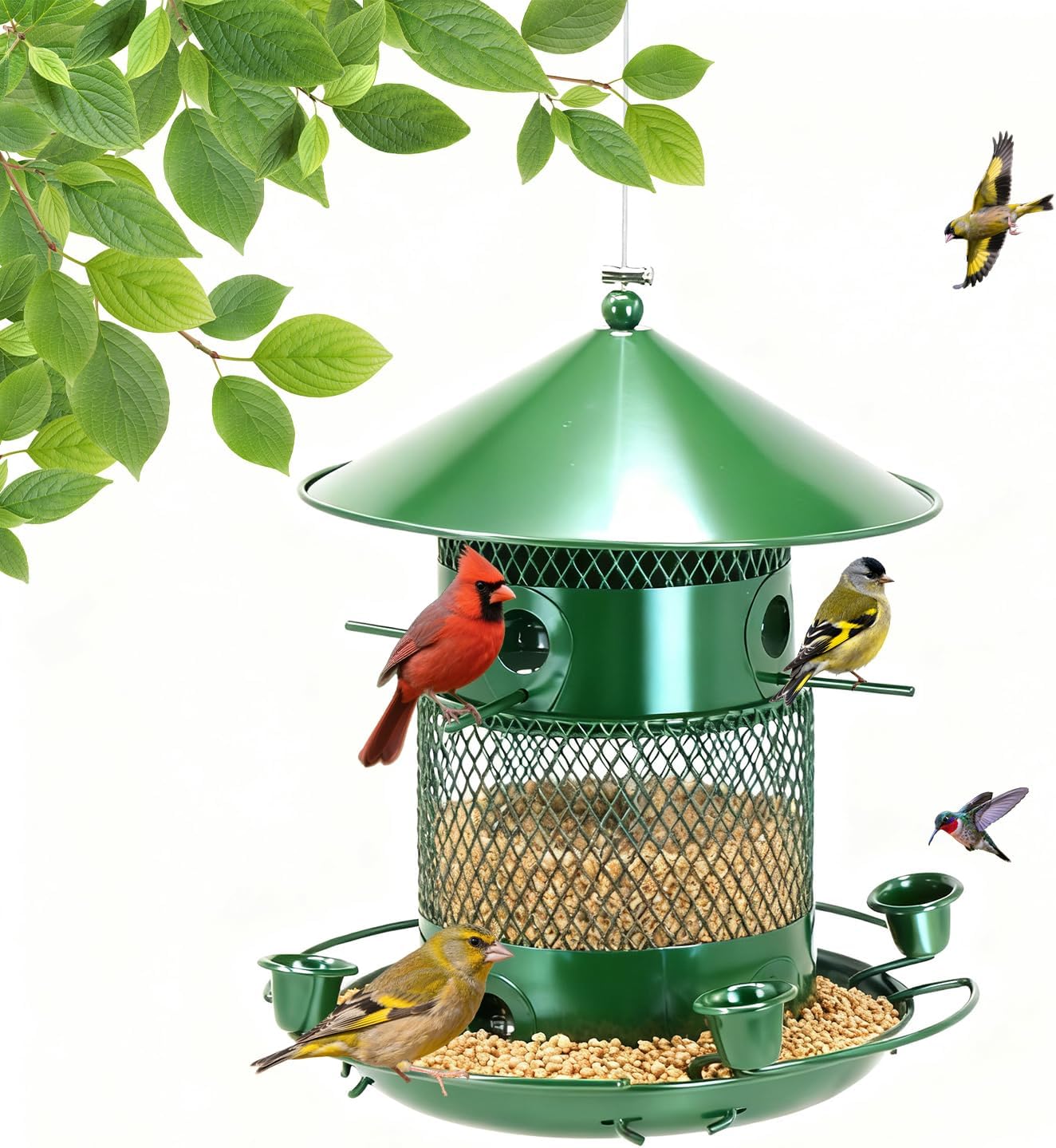 Outdoor Hanging Bird Feeder Metal Construction, Sturdy and Durable Large-Capacity Bird Feeder with Water Cup All-Season Outdoor Wild Bird Feeder Green Color (Green)