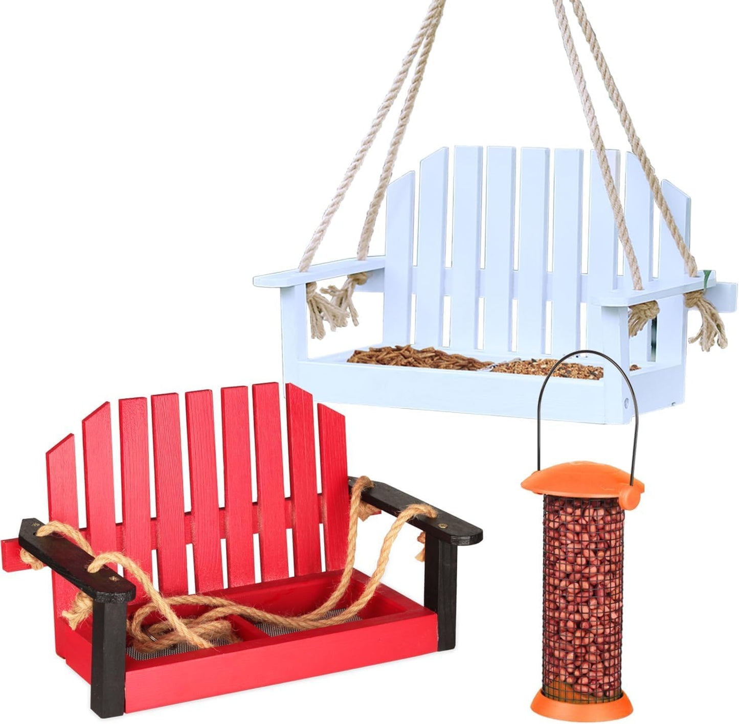 2pk Swing Bird Feeder, Squirrel-Proof Metal Mesh Tray with Bench Design, High-Capacity Rust-Resistant Hanging Bird Feeder for Porch & Yard Décor – Easy Fill & Clean (White & Red)