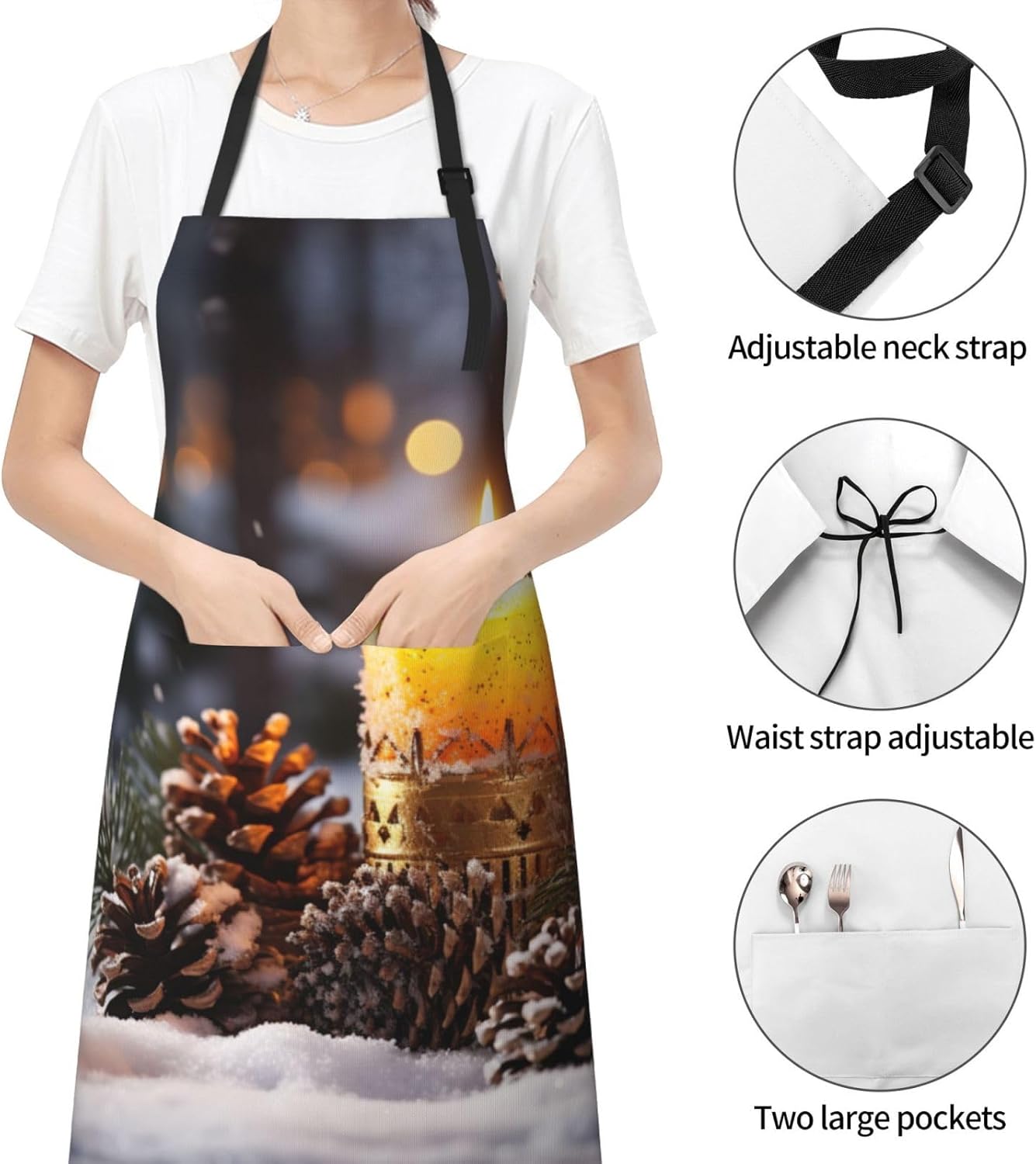 Candle Winter Snow Fir Tree Leaves print Waterproof apron with pocket adjustable cooking apron for adult kitchen bibs to bake