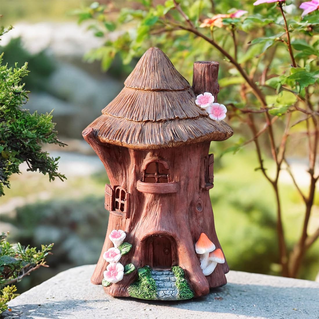 Solar Light Fairy Tree House - Fun Natural Figurine Sculpture with Solar LED Lights for Indoor Outdoor Art Decorations, Patio Yard Lawn Ornaments Gift