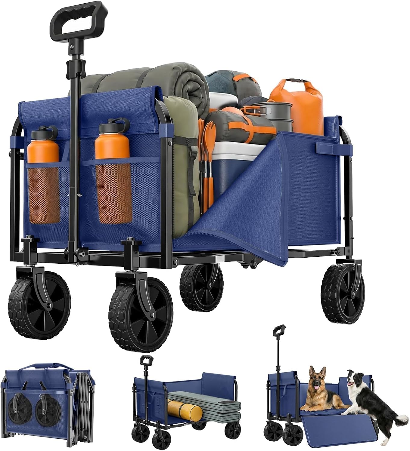 Portable Collapsible Wagon Cart, Foldable Cart with Removable Side, Utility Groceries Wagon for Dogs Pets Camping Beach Shopping Sports Gardeing Fishing, Blue