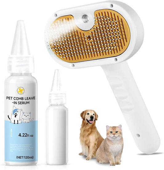 Pet Steam Brush for Dog & Cat – 3-in-1 Spray Hair Removal Comb for She