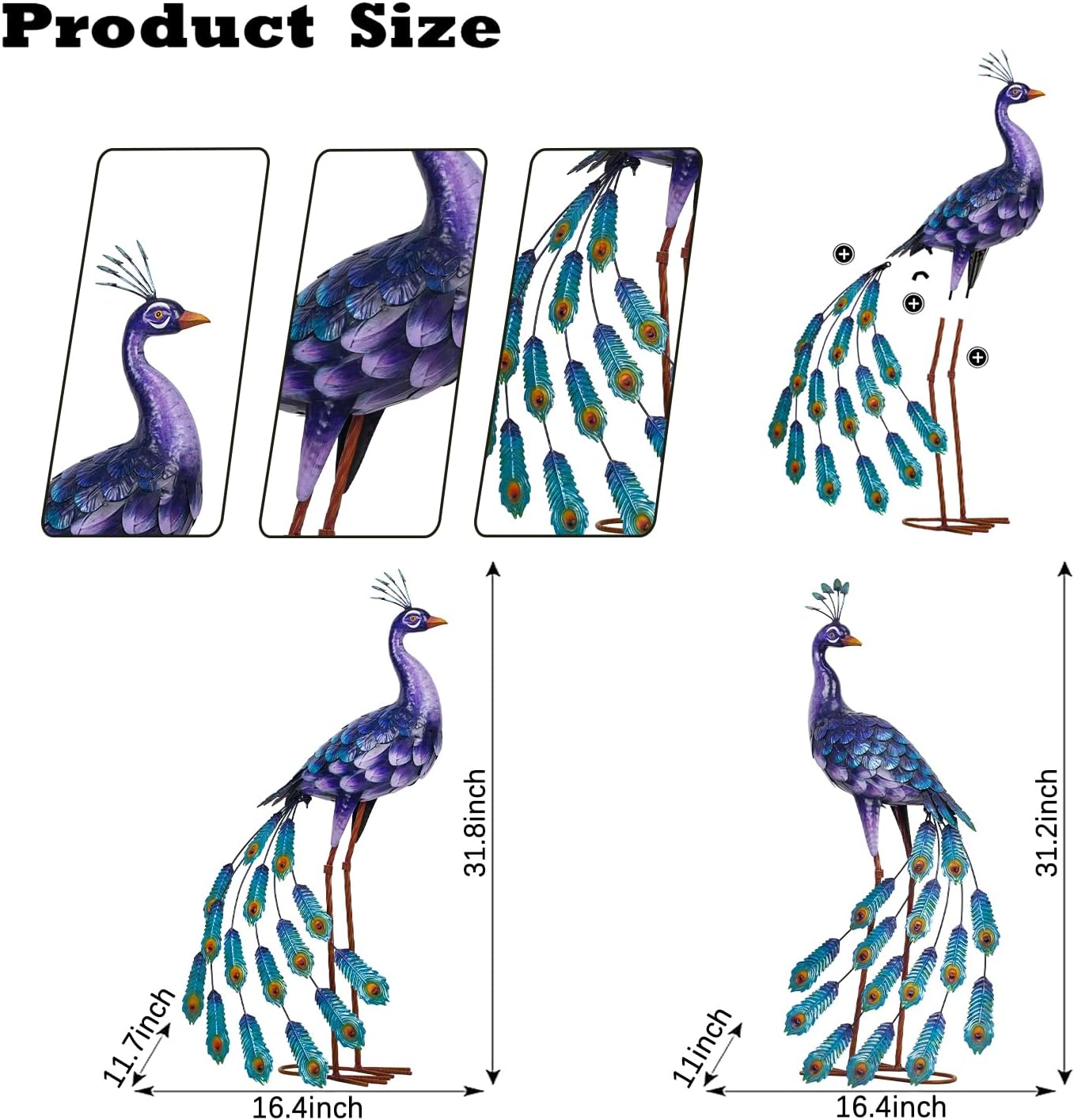 Kircust Purples Peacock Garden Statue and Sculpture, Metal Peacocks Ya