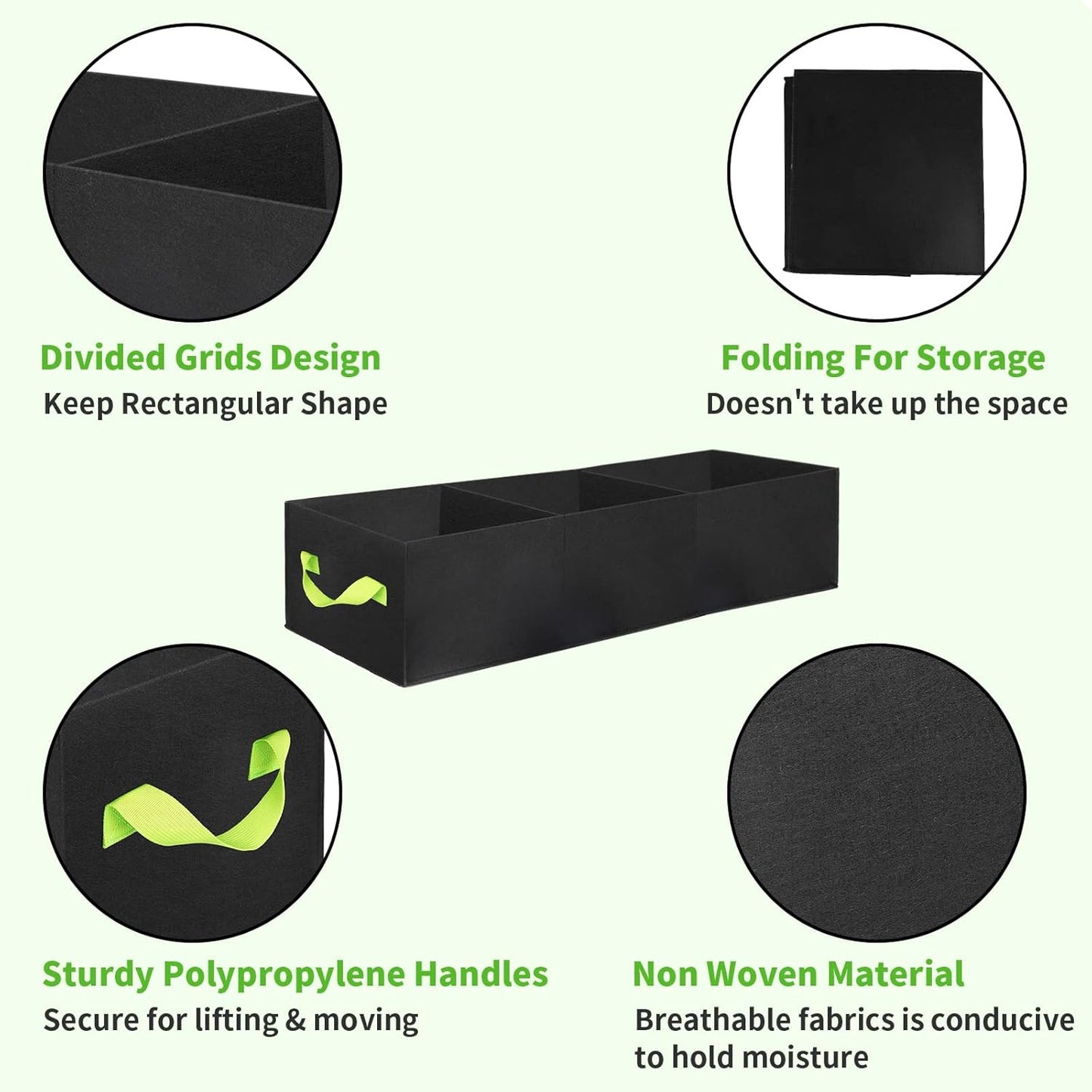 ANGELIOX 2Pcs Grow Bags, 3-Grids Rectangle Grow Bag,14 Gallon Thickened 400G Fabric Garden Bed, Nonwoven Square Flower Planter Containers for Flowers,Vegetable,Fruit, Growing Pots with Handles