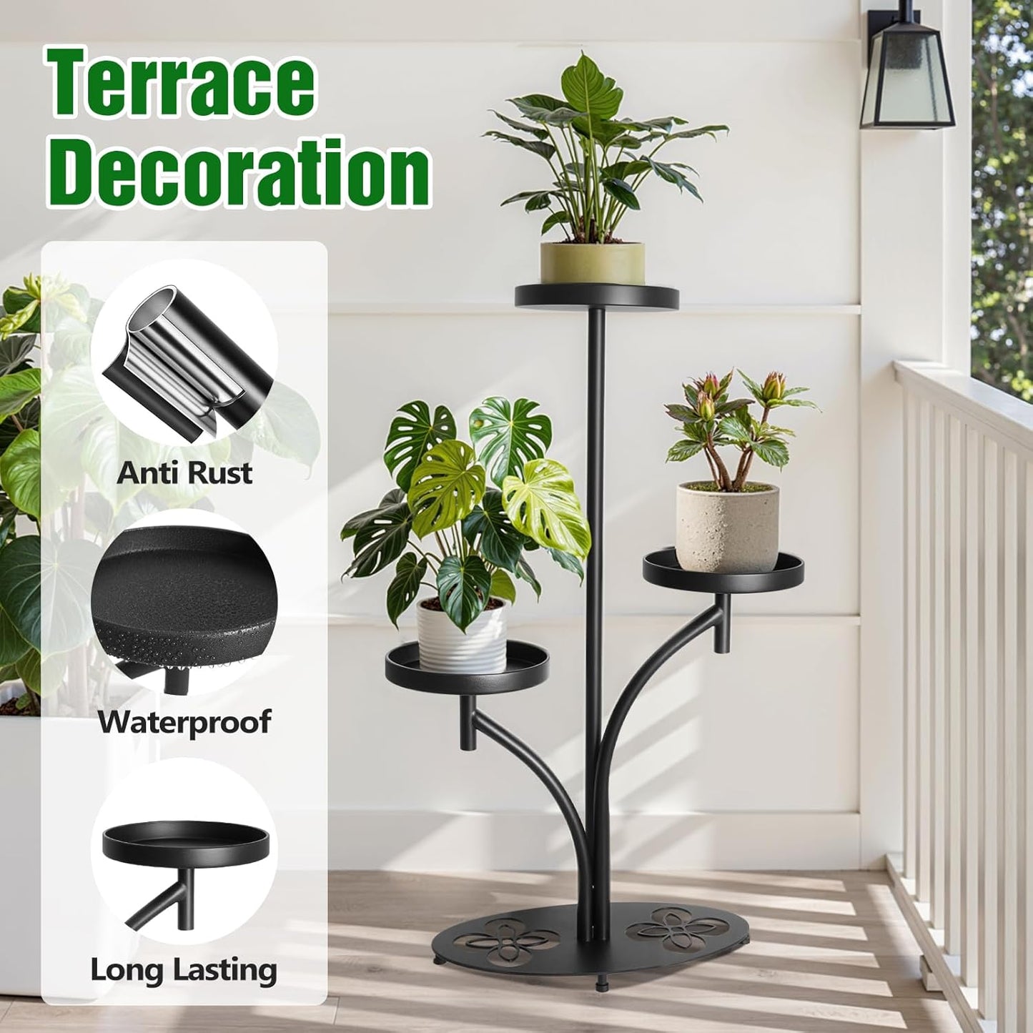 Indoor 3 Tier Black Plant Stand, Tall Metal Plant Stand, Heavy-duty Ba