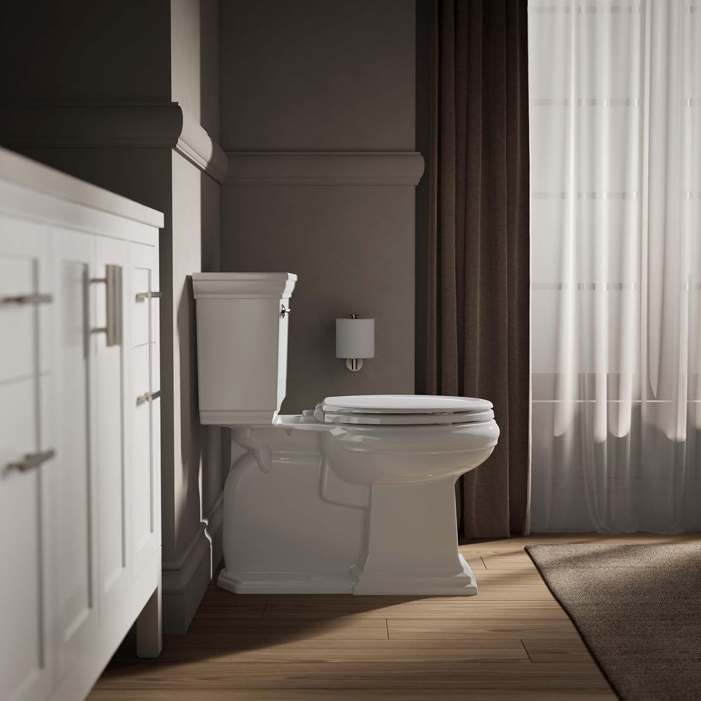 KOHLER Stonewood Quiet-Close, Elongated Toilet Seat Soft Close, Durable Wood, Easy Installation, Universal Fit, Home Essentials, White Finish, K-20466-0