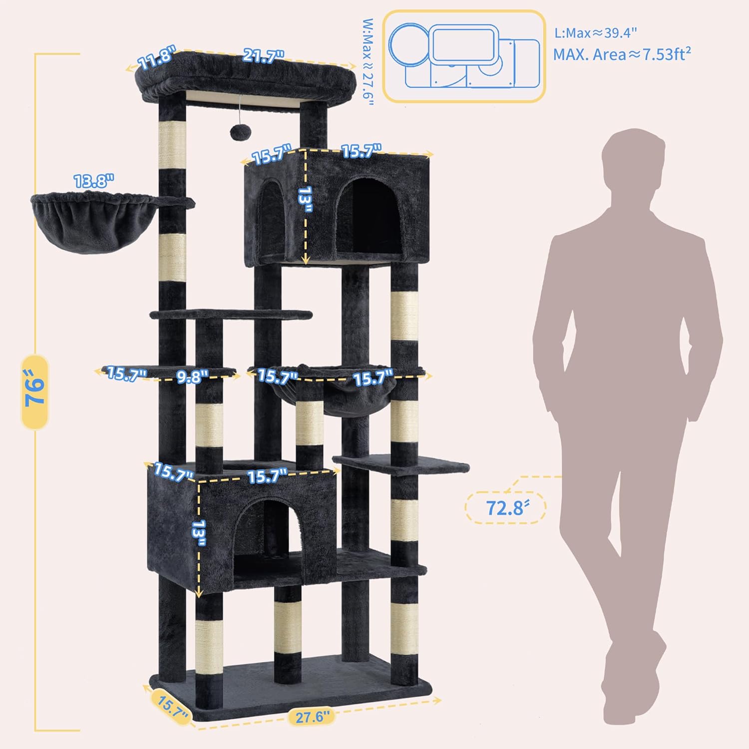 Heybly Cat Tree, 76-Inch Tall Heavy Duty Cat Tower for Big Cats with E