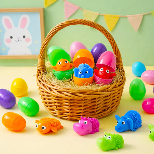 24Pack Easter Prefilled Eggs with Squishy Toys Inside Bright Plastic Easter Eggs Filled Cute Stress Reliever Squishy Toy for Easter Basket Stuffers Animal Easter Egg Filler Classroom Prize Supplies
