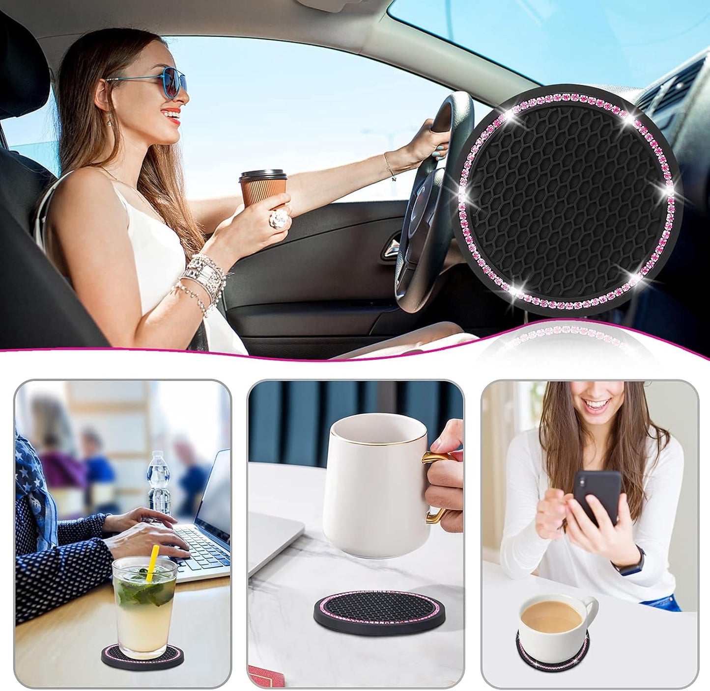 4 Pack Car Coasters, Universal Vehicle Bling Car Coaster, Cute Rhinest