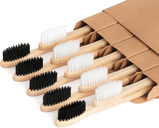 Bamboo Toothbrushes Biodegradable Toothbrush 10 Pack - Eco-Friendly, N