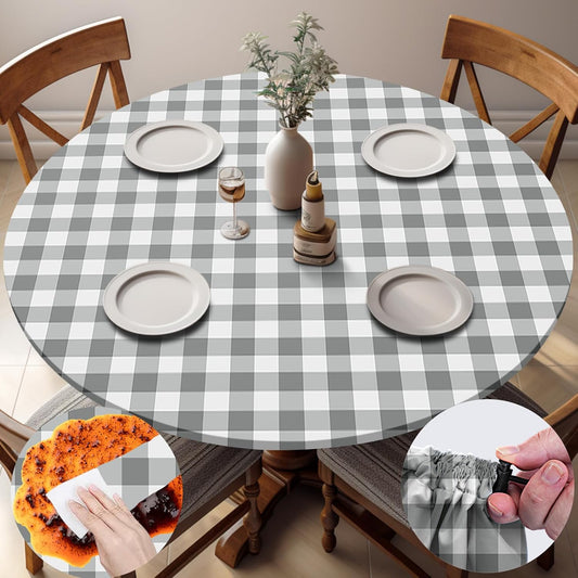 Fitted Round Tablecloth Wipe Clean Table Cloth Vinyl Inside Outside Circle Cover for 36-44" Tables Dining Kitchen Family Festival Items Gifts Summer Fall Patio Picnic Camp Garden Essential