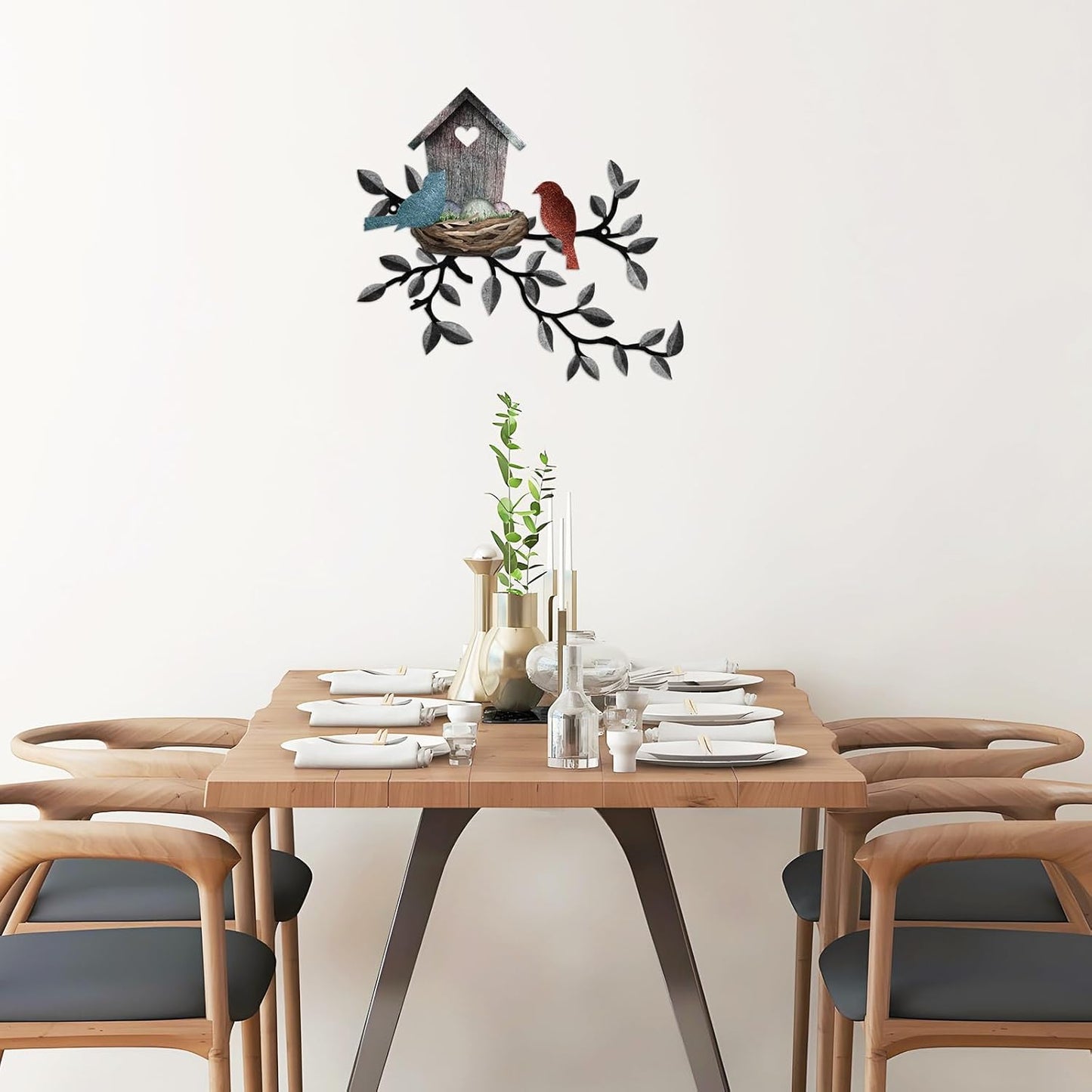 Birds Wall Metal Decor Outdoor Art Hanging Metal Tree with Birdhouse for Living Room Tree Leaf Wall Decor for Indoor Outside Garden, 10.6 x 12 Inches