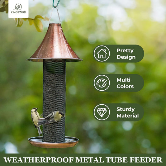 Kingsyard Thistle Bird Feeder for Outdoors Hanging, All Metal, Finch Mesh Tube Feeder with Weatherproof Roof & Seed Tray, 3 lbs Seed Capacity, Great for Attracting Wild Bird, Brushed Copper