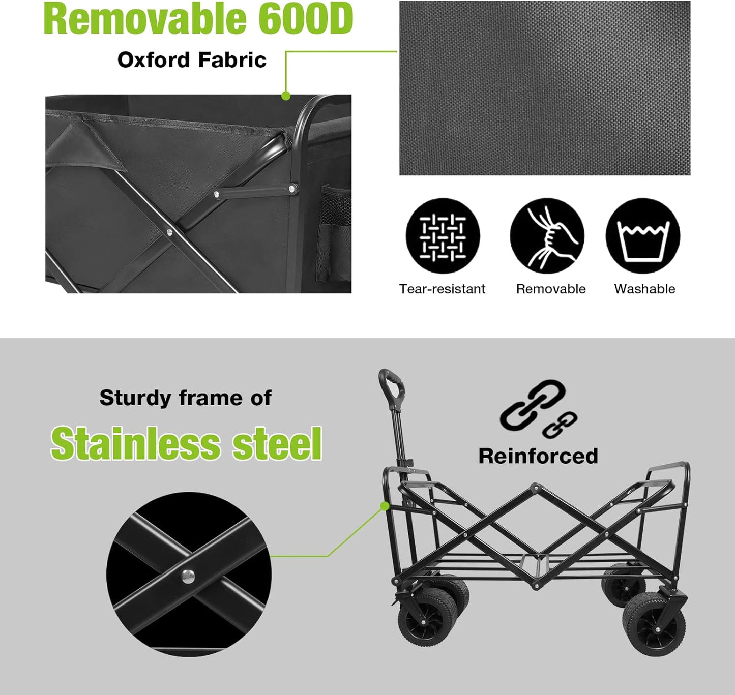 Folding Wagon Carts With Adjustable Handle/collapsible Beach Wagon with Big Wheels for Sand, 220lbs Capacity, Black,TRP1008
