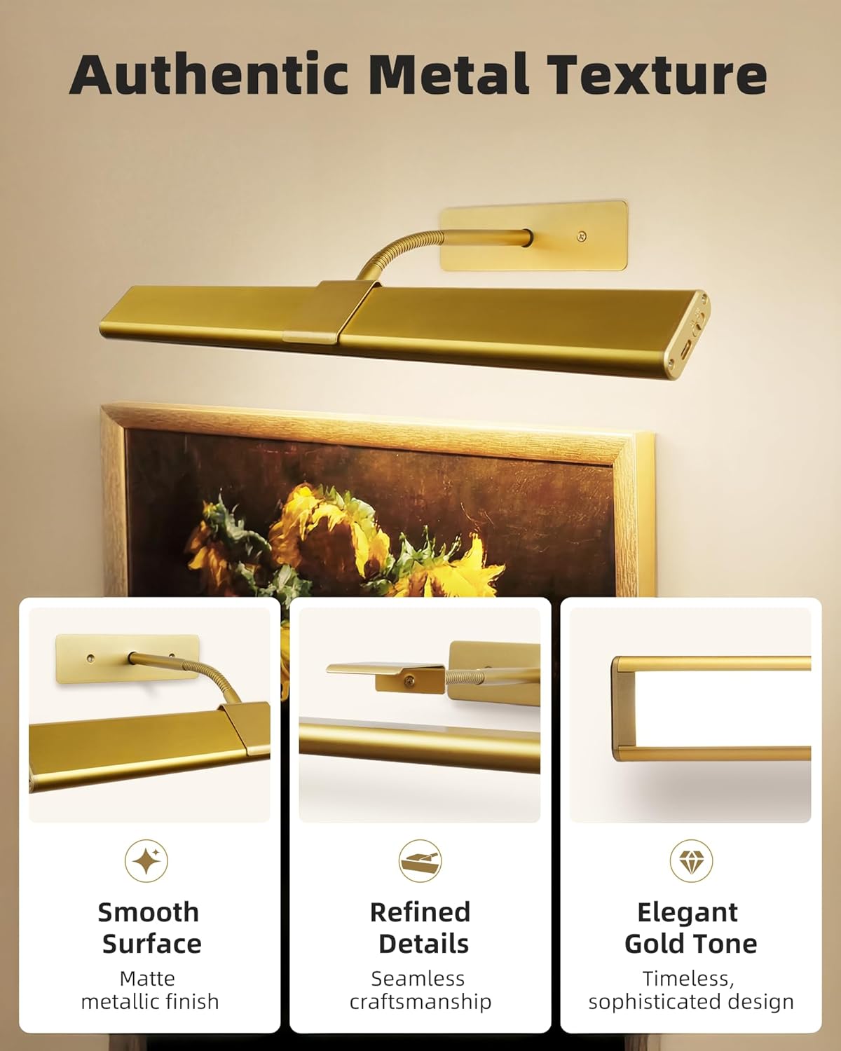 EZVALO Picture Light for Wall, 4800mAh Rechargeable Wireless Lights, 16'' Dimmable with IR Remote Magnetic LED Art Painting Light with 3 Color Temps, Display for Gallery, Living Room, Bedroom(Gold)