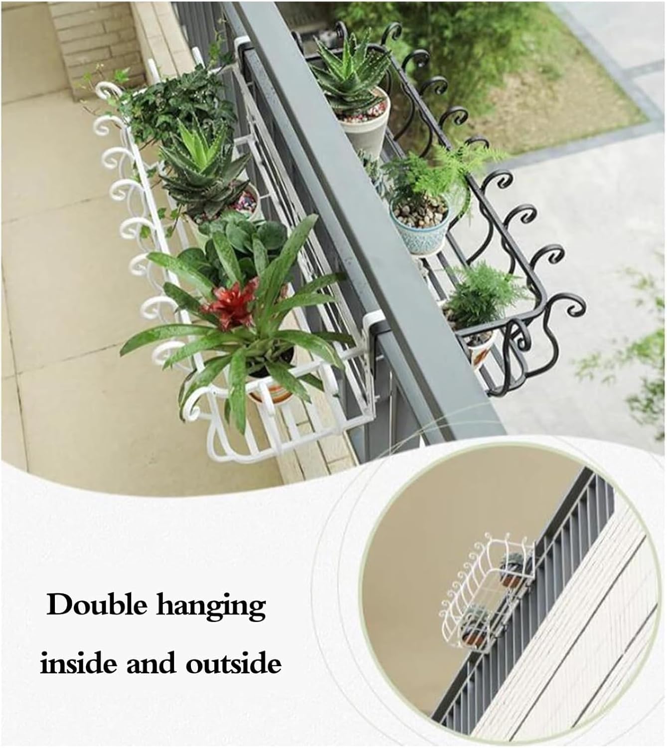 White Railing Planter for Balcony & Fence, Square & Round Hanging Flower Shelf, Window Sill Potted Plant Stand, Durable Garden Decor (80x28x22cm)