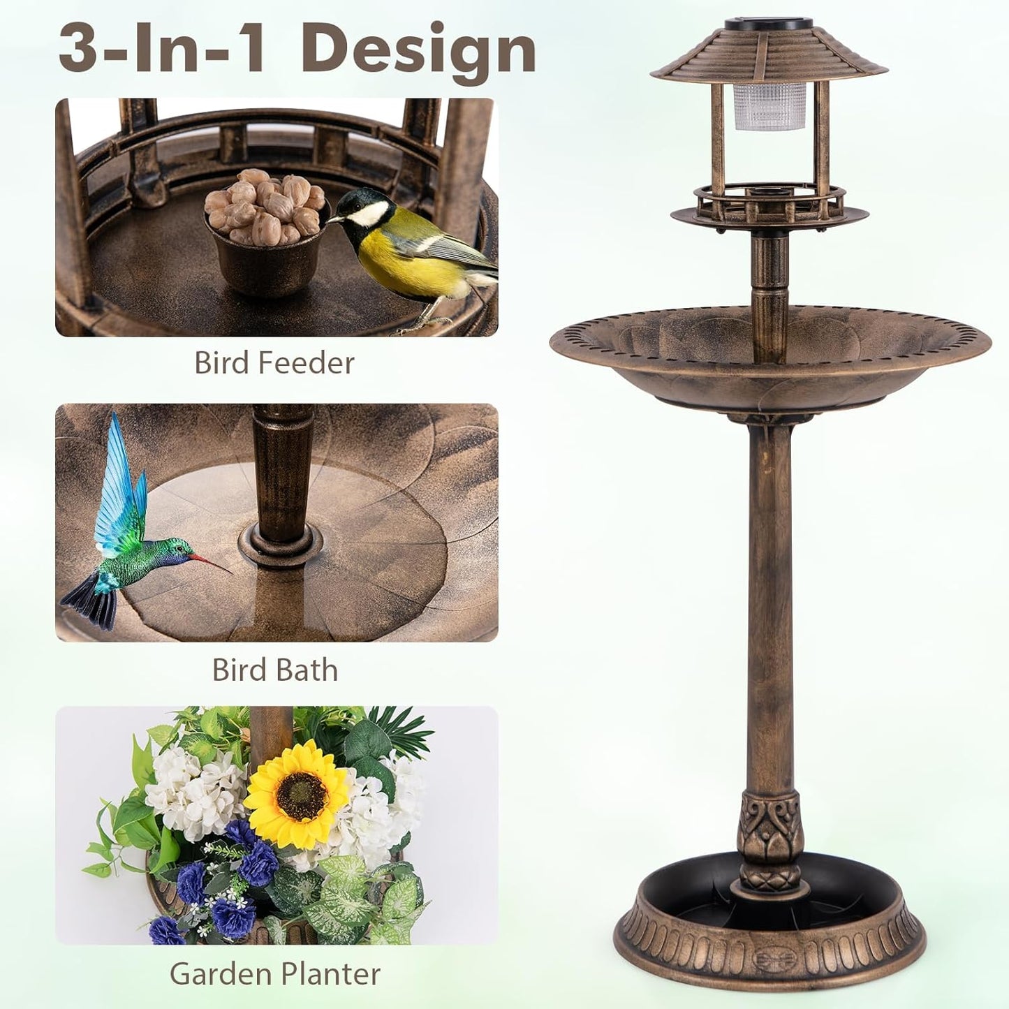 BECOMFORT Solar Bird Bath, Vintage Pedestal Birdbath with Solar Powered Lamp, Bird Feeder, Flower Planter Base & 3 Ground Stakes, Plastic Bird Bath for Outside, Garden, Yard & Outdoor (Bronze)