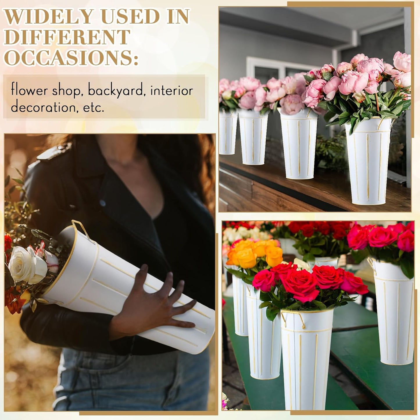 Domensi 6 Pcs 11.8'' Galvanized Metal Vase with Handle Rustic Galvanized Vase Planter Bucket for Fresh Flowers Dried Floral Decor Farmhouse Table Centerpiece Decoration for Wedding(White)
