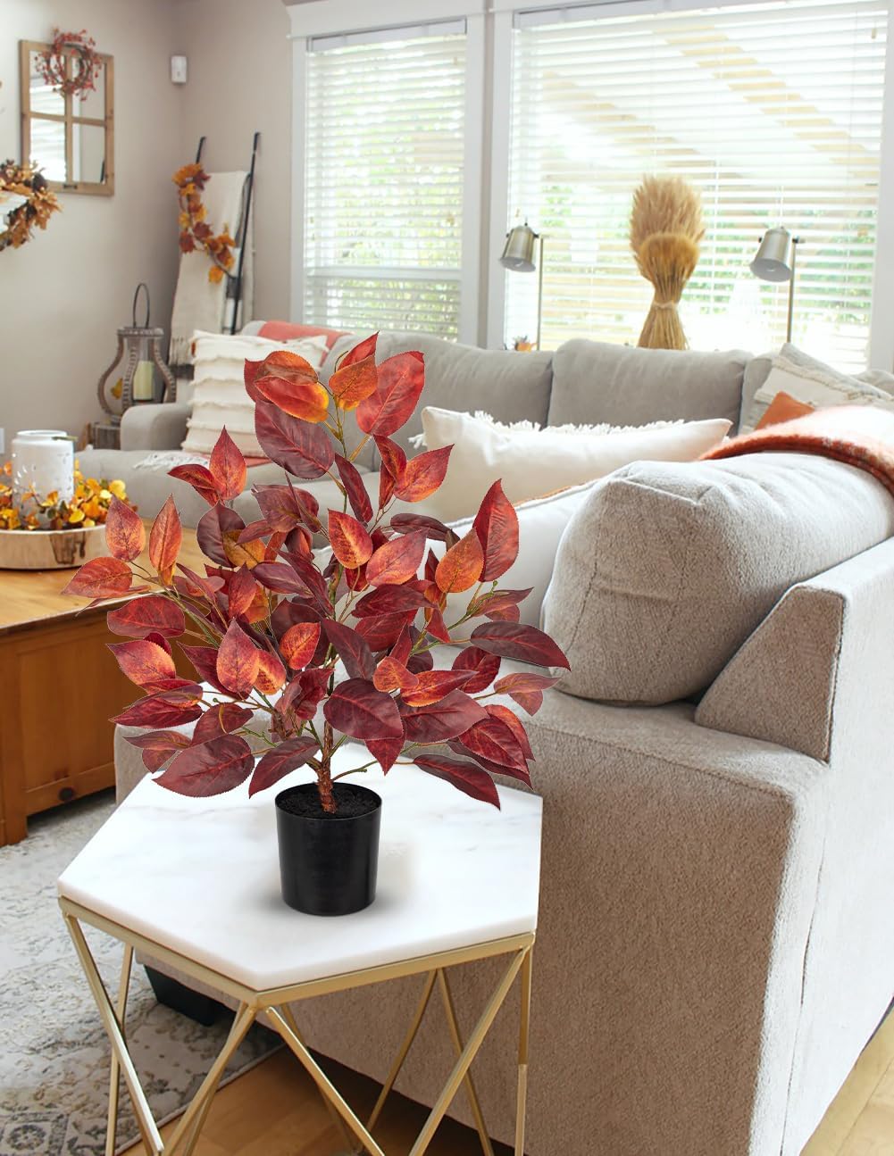 Briful 19.7" Fake Fall Tree in Black Pot, Autumn Small Artificial Elm Leaf Tree Faux Plants Indoor for Home Office Room Tabletop Mantel Thanksgiving Decor