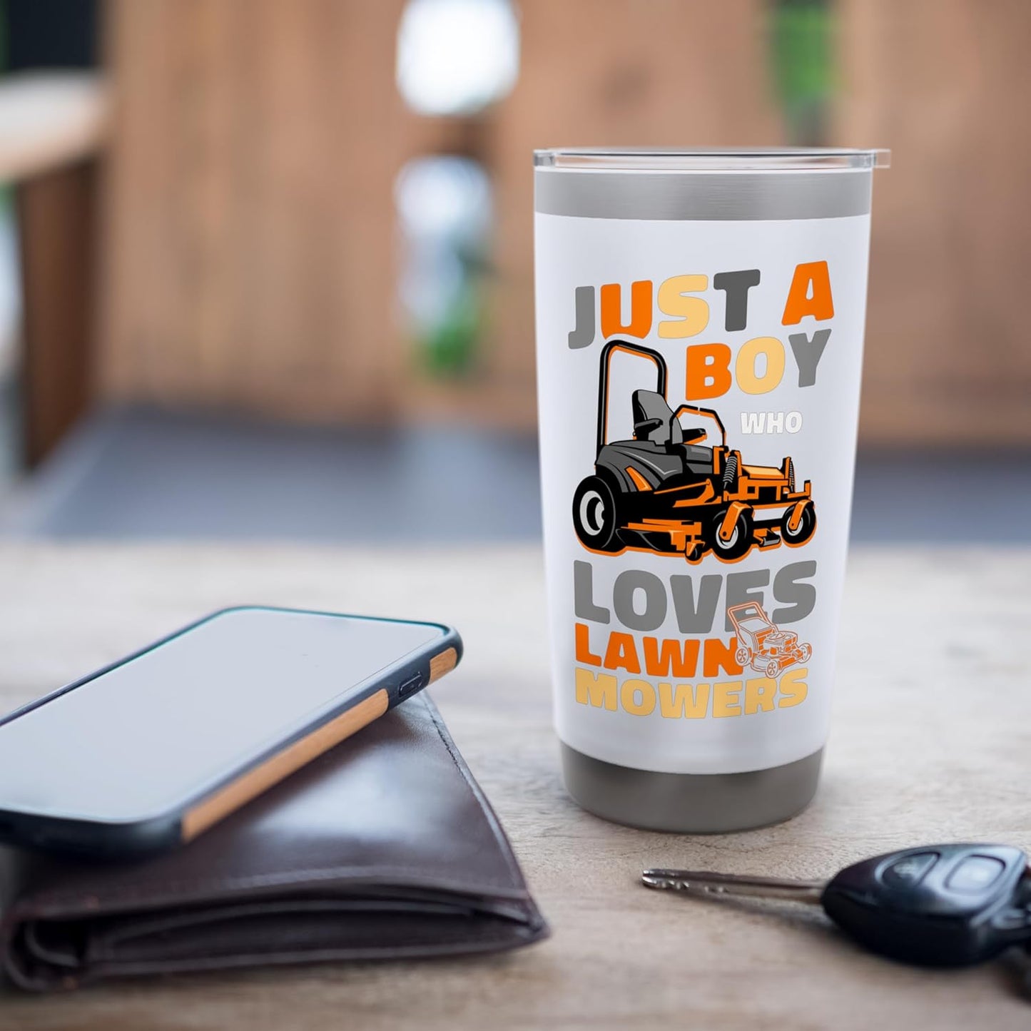 Lawn Mower Mowing Dad Father Landscaper Tractor Just A Boy Stainless Steel Insulated Tumbler