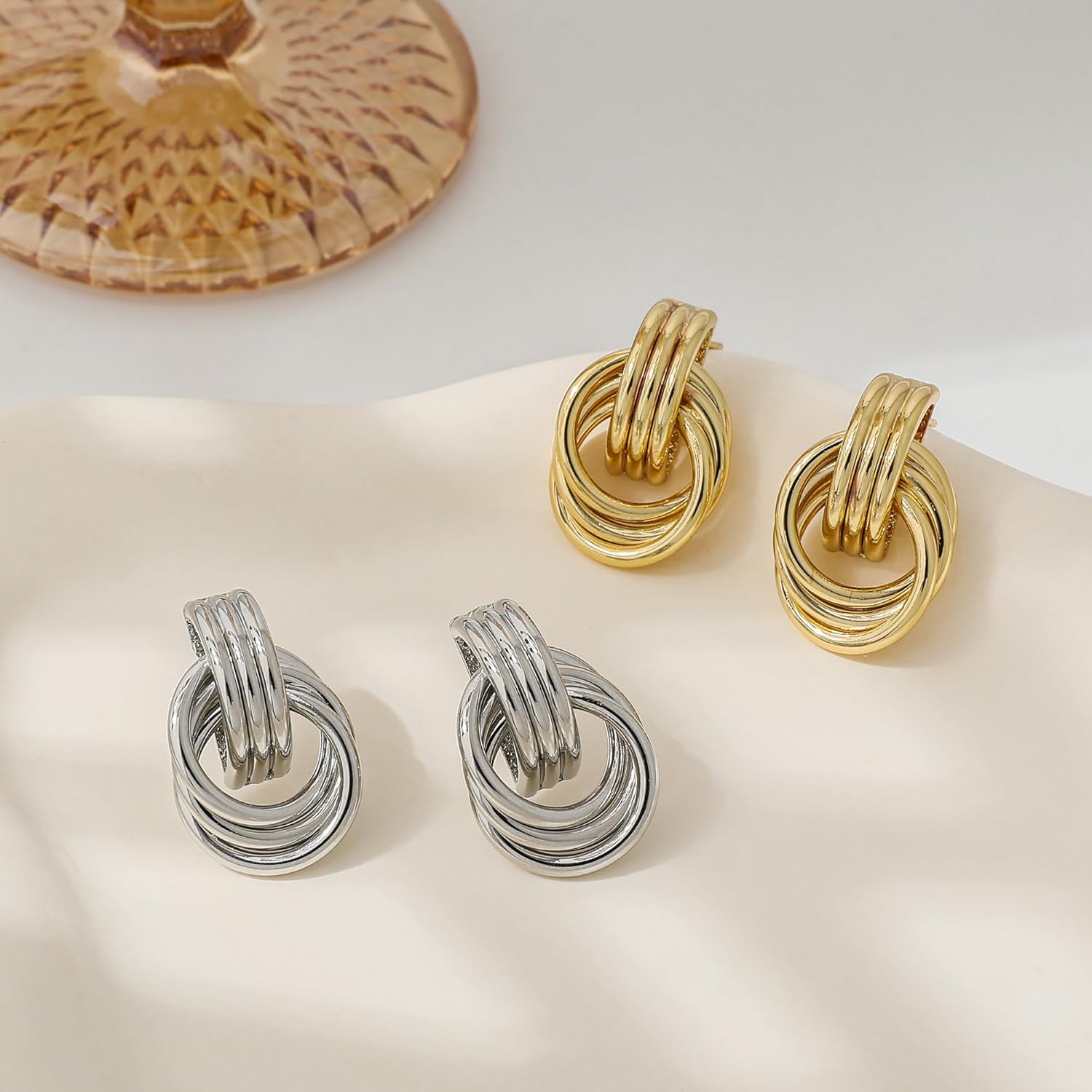 Trendy Gold Plated Knot Earrings for Women Chunky Statement Drop Dangl