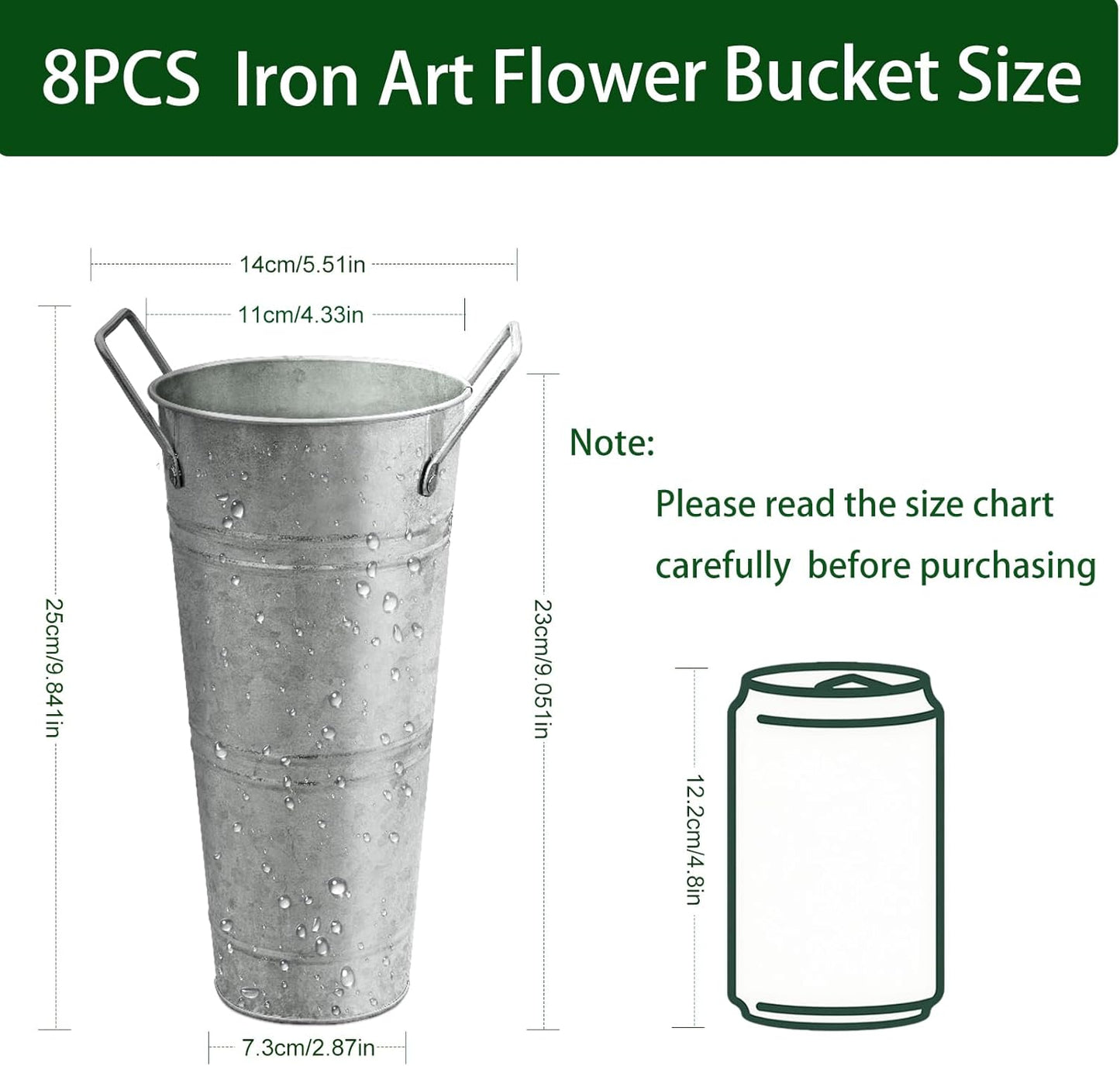 9 Inch White Metal Flower Buckets with Handles,8Pcs Tall Galvanized Va
