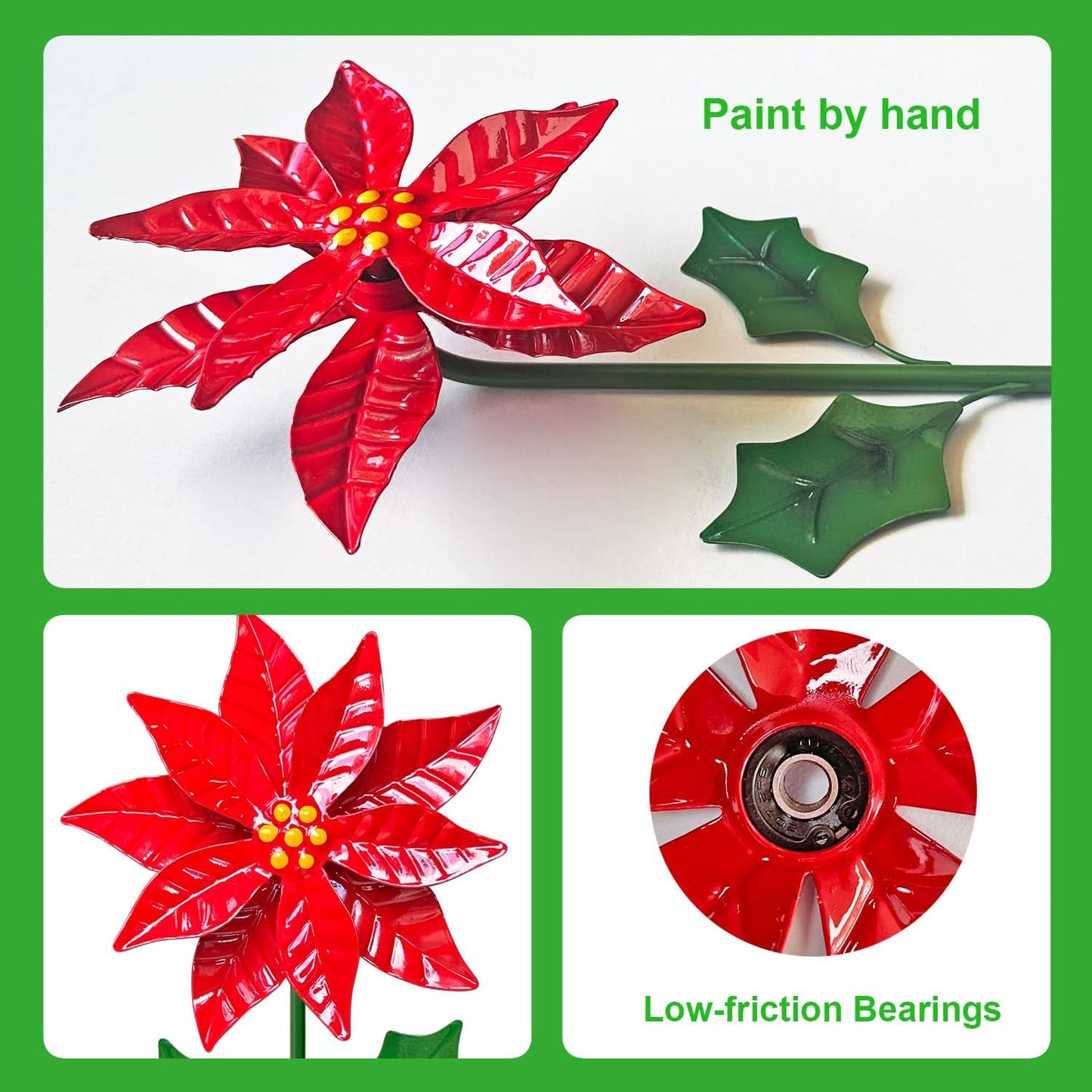 WAIU 3 Pack Outdoor Metal Poinsettia Wind Spinners Yard & Patio Christ