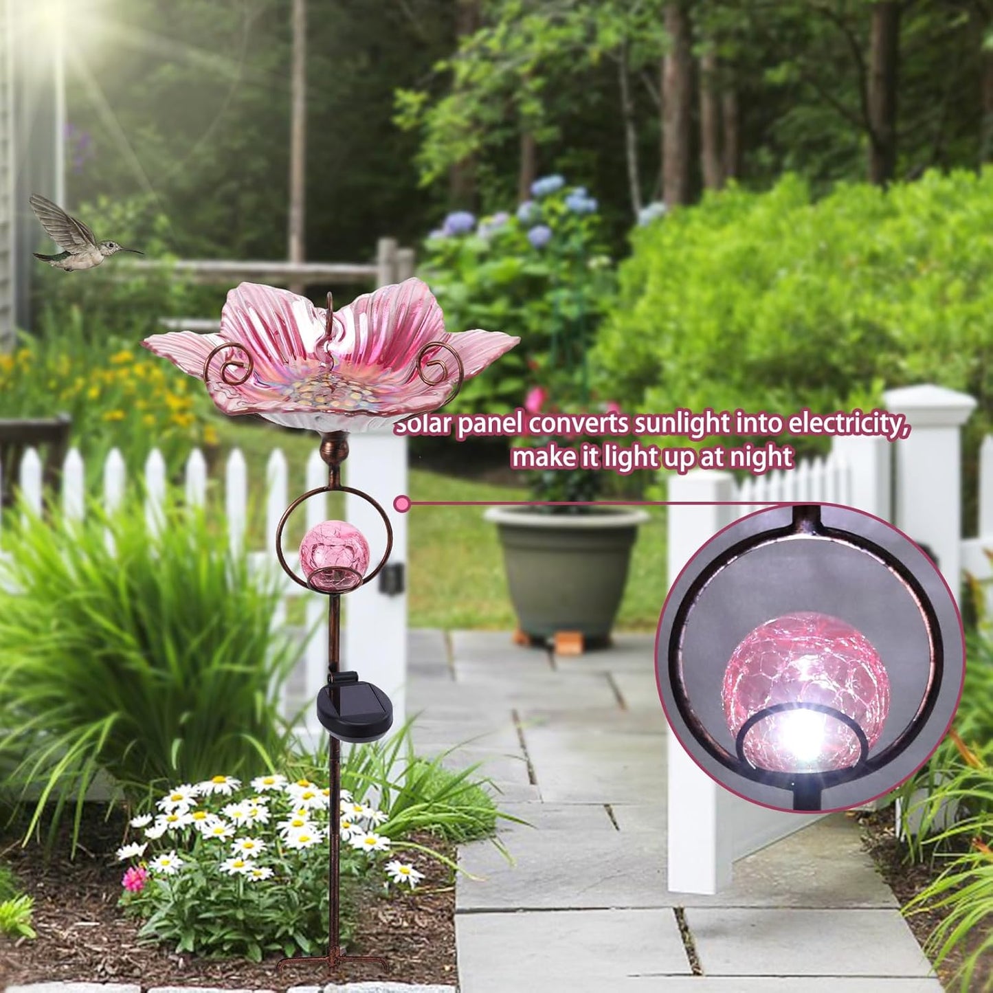 MUMTOP Glass Bird Baths for Outdoors, Flower Bird Baths Bowl with Solar Crackle Glass Globe Lights Decorations and Metal Stake for Outdoor Garden Yard Lawn Outside, Pink