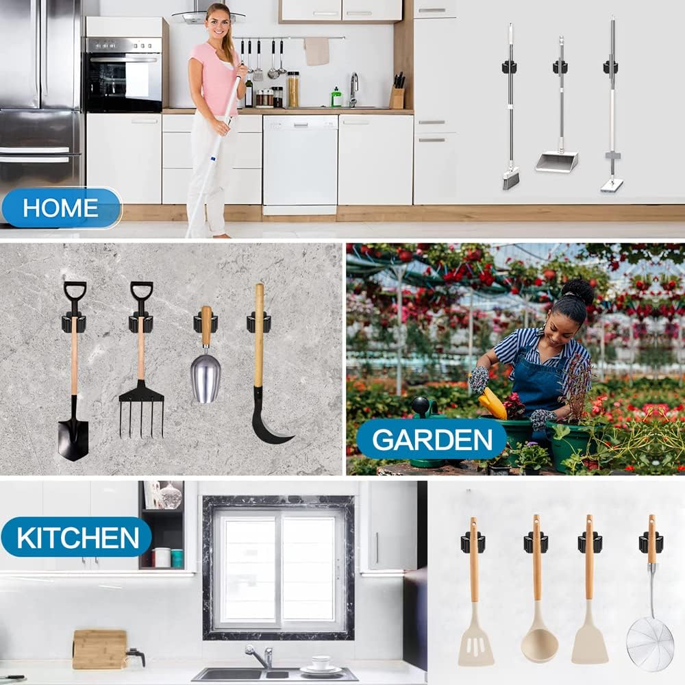 12PCS Broom and Mop Holder, Heavy Duty Garden Tool Organizer Rack Rake and Shovel Handle, Stainless Steel Mop Hanger. Wall Mounted with Screws.Matte Black