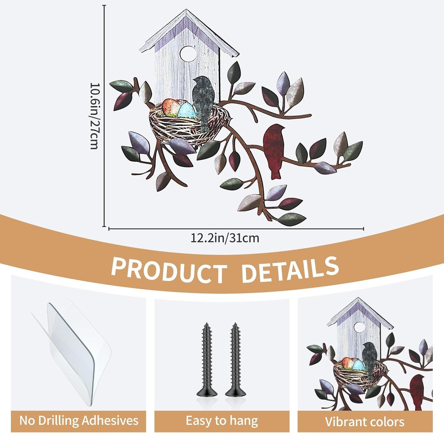 Vehookin Metal Bird Wall Decor, Bird Art Wall Decor with Adhesives & Nails, Birdhouse Metal Wall Hangings for Living Room Bedroon, Outdoor Garden Porch, 12.2 x 10.6 inches