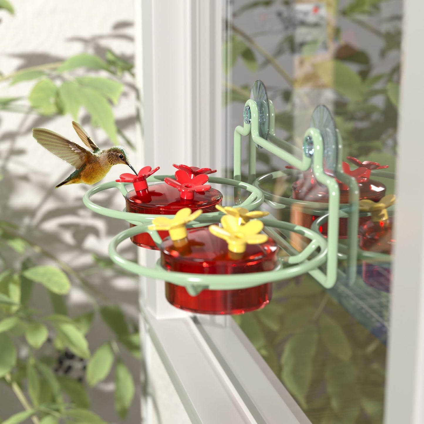 Window Hummingbird Feeder, Small Hummingbird Feeder for Outdoors with Strong Suction Cup - Metal Base & 6 Feeding Ports, Easy to Clean and Refill