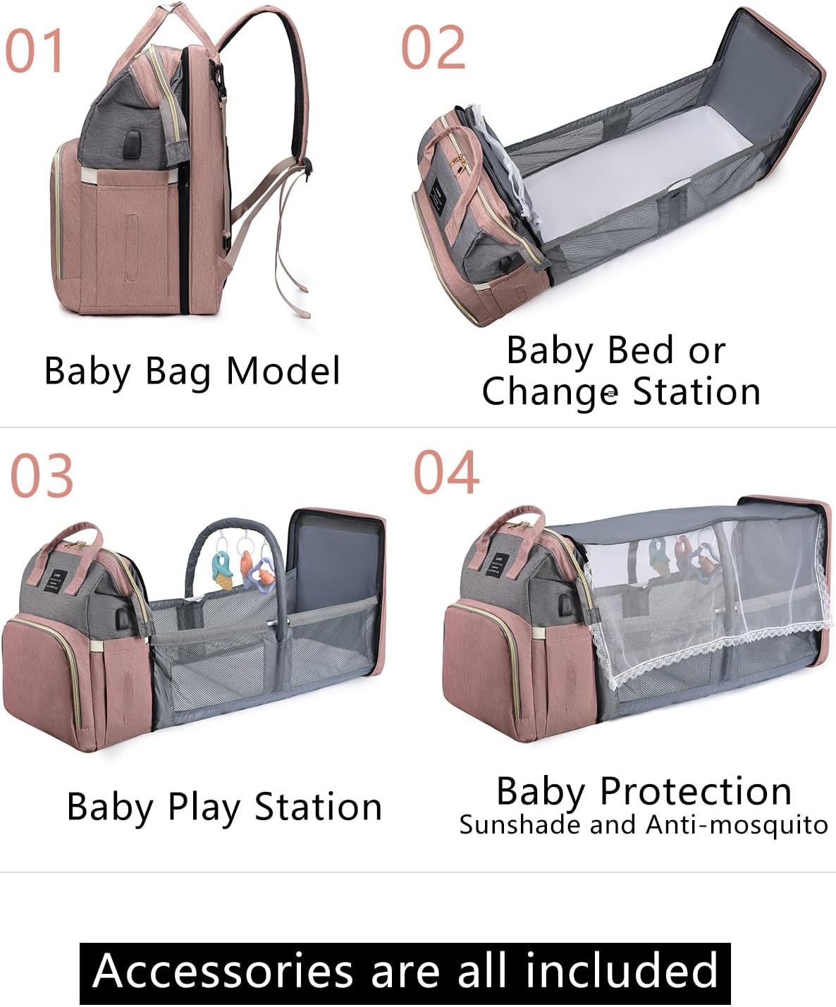 Diaper Bag Backpack with Changing Station: Pink Baby Bags for Girls Bo