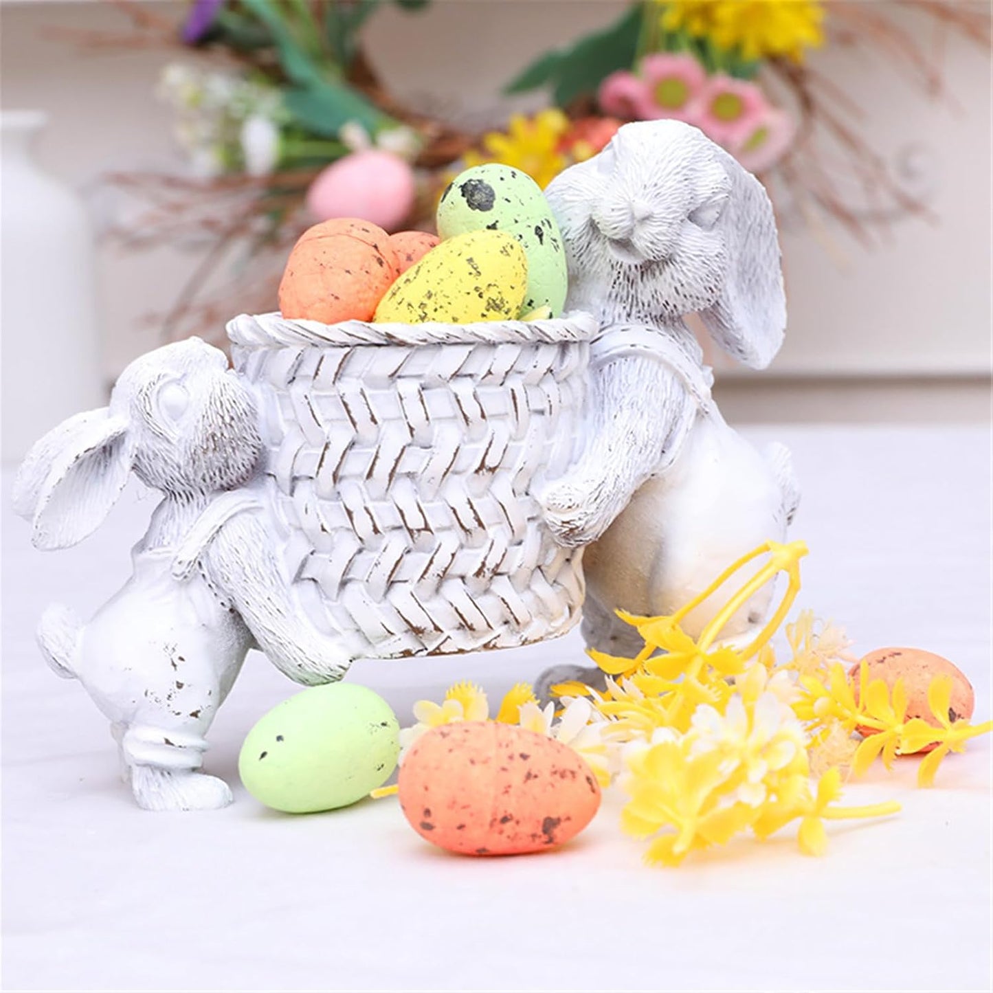 Easters Bunnies Lifting Basket Resins Figurines for Home Decors Rabbits Statues Succulents Small Planter Pots