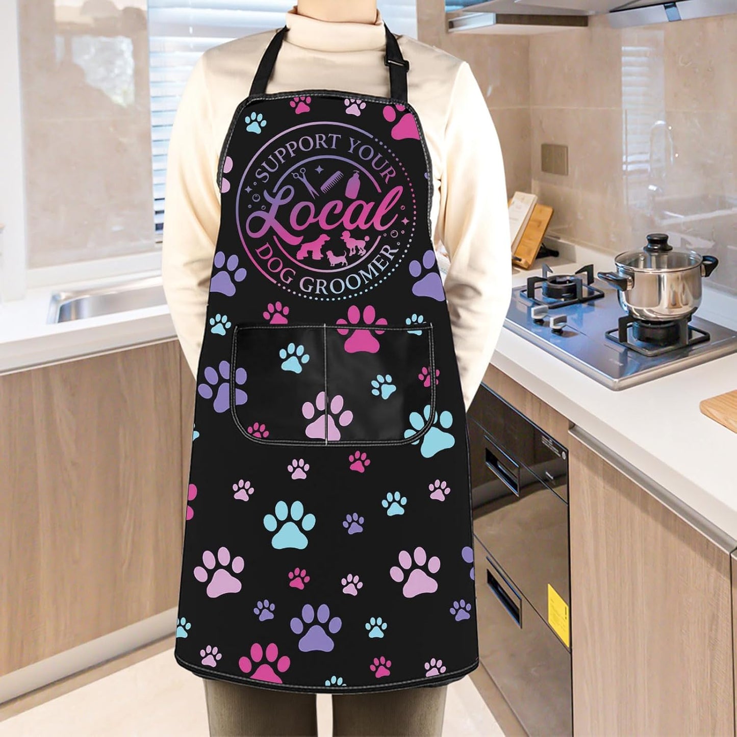 WCGXKO Support Your Local Dog Groomer Kitchen Apron Dog Hair Grooming Gift Cute Pet Grooming Gift