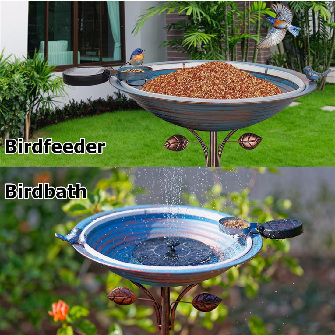 Metal Bird Bath with Stake, Large Standing Birdbath with Solar Light, 39" Tall Bird Bath & Feeder with 15" Bowl & Decorative Cast Iron Bird for Outside Garden Patio Yard Decor, Blue