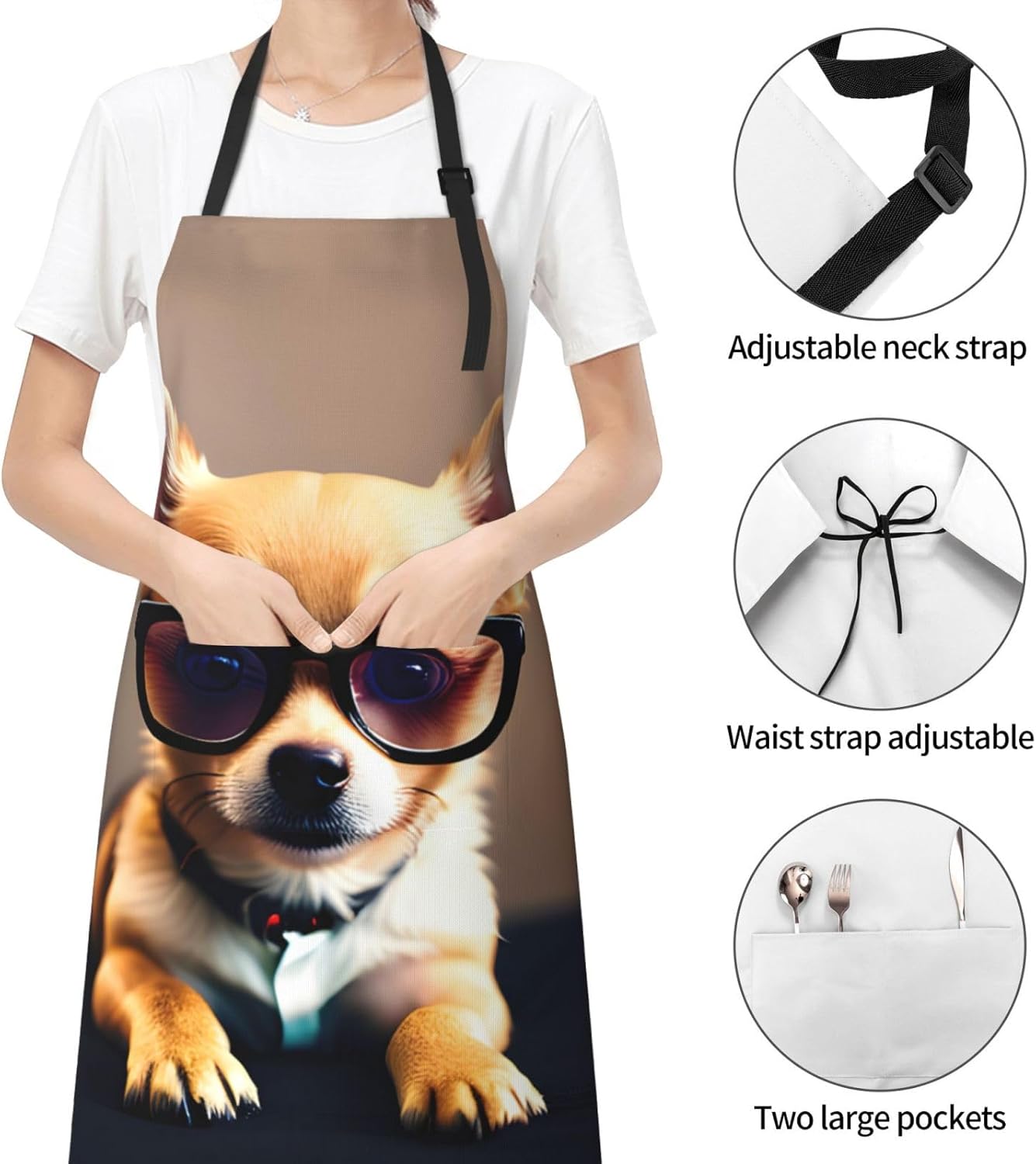 Chihuahua Dog Glasses 1 print Waterproof chef's apron with pocket apron for kitchen cooking baking barbecue and gardening