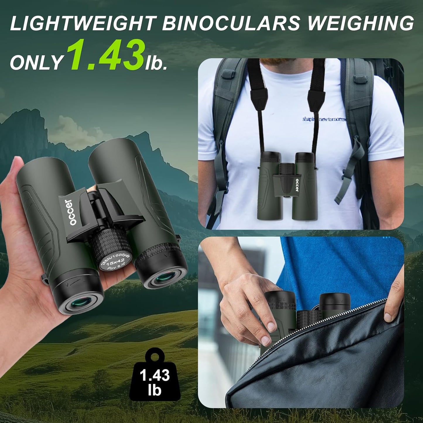 15x42 Binoculars for Adults High Powered - Occer HD Lightweight Travel Hunting Binoculars with Clear Low Light Vision for Bird Watching, Whale Watching, Camping Gifts for Men Women -Green