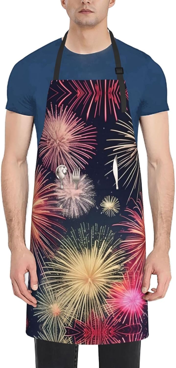 Beautiful Firework Print Laundry apron 28x33 In Waterproof Kitchen Apron with Pockets for Cooking Baking
