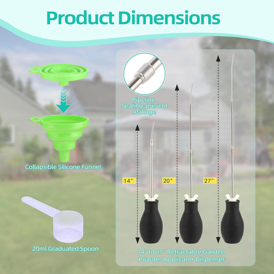 Diatomaceous Earth Powder Duster with Extendable Metal Tube (5" to 22") & Threaded Seal - Leak-Proof Bulb Sprayer for Garden, Home, Pet Area Insect Control - Includes Funnel & Scoop
