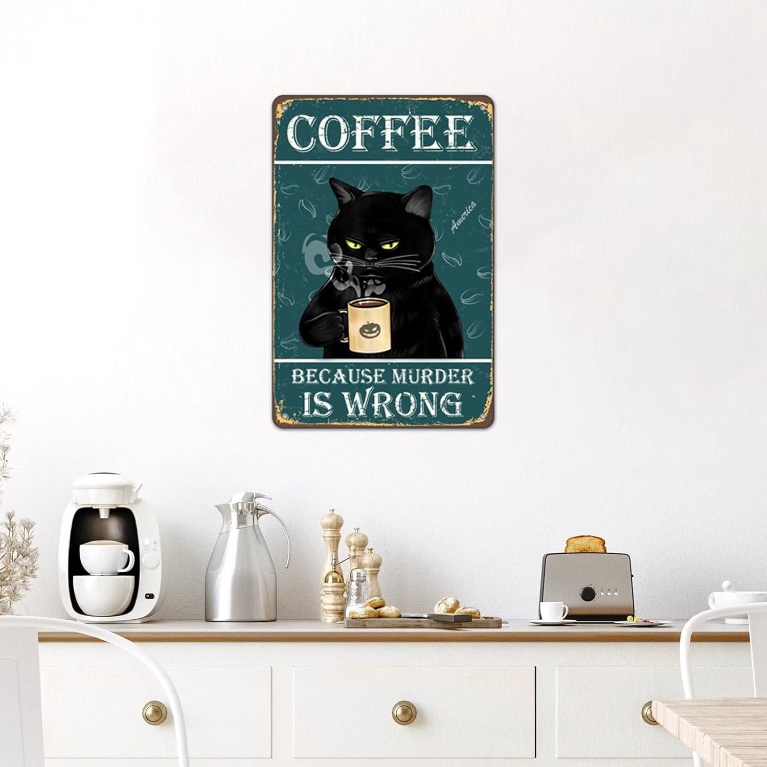 Bestylez Funny Black Cat Signs - Coffee Lovers Kitchen Decor, 12 x 8 I