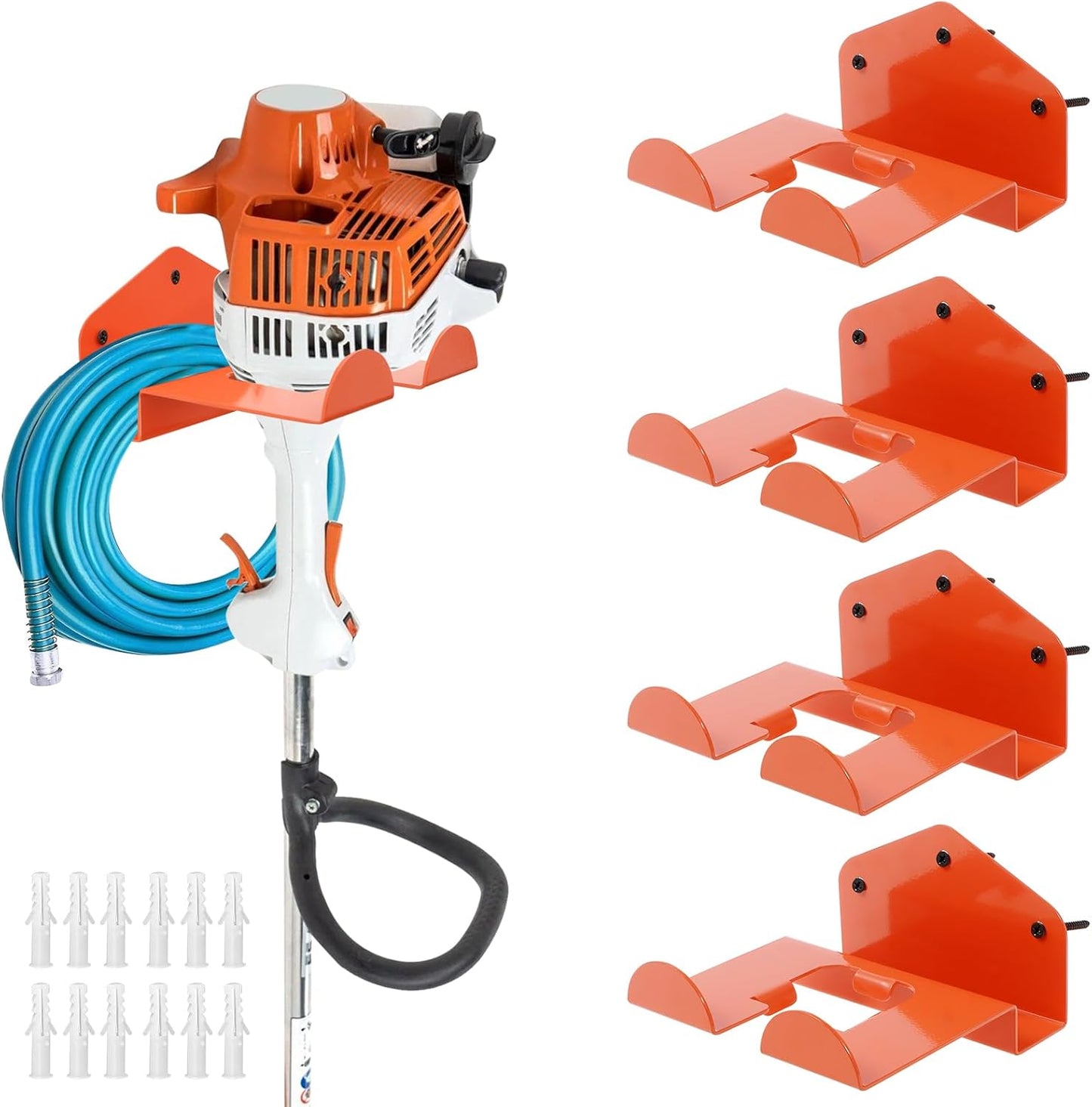 4 Pack Weed Eater Hanger Wall Mounted Bulk Weedeater Garage Trimmer Rack Heavy Duty Garden Tool Hanger Steel Weed Whackers Holder Organizer Hooks for Grass Garden Tools (Orange)