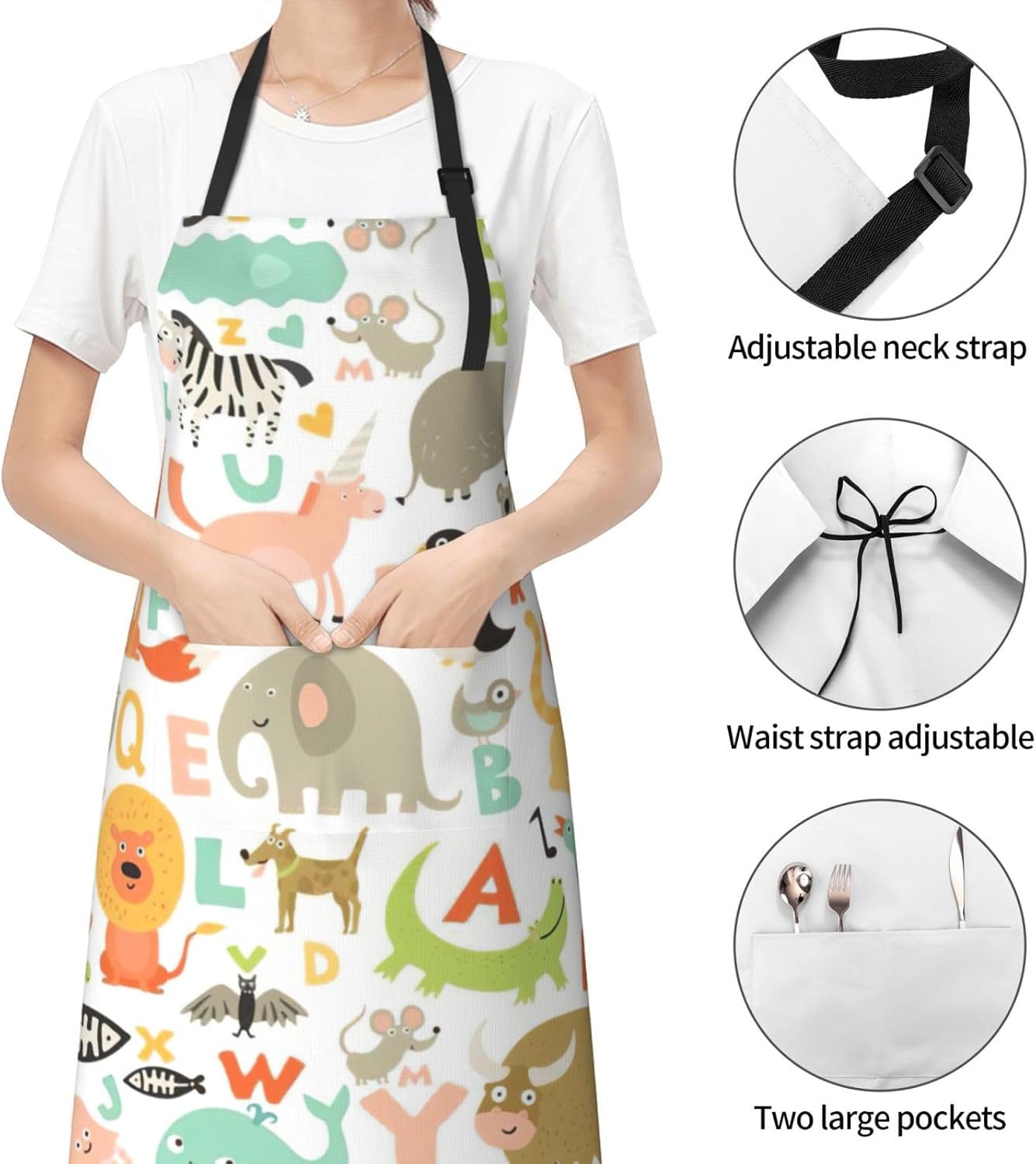 Zoo Alphabet Animal Print Laundry apron 28x33 In Waterproof Kitchen Apron with Pockets for Cooking Baking