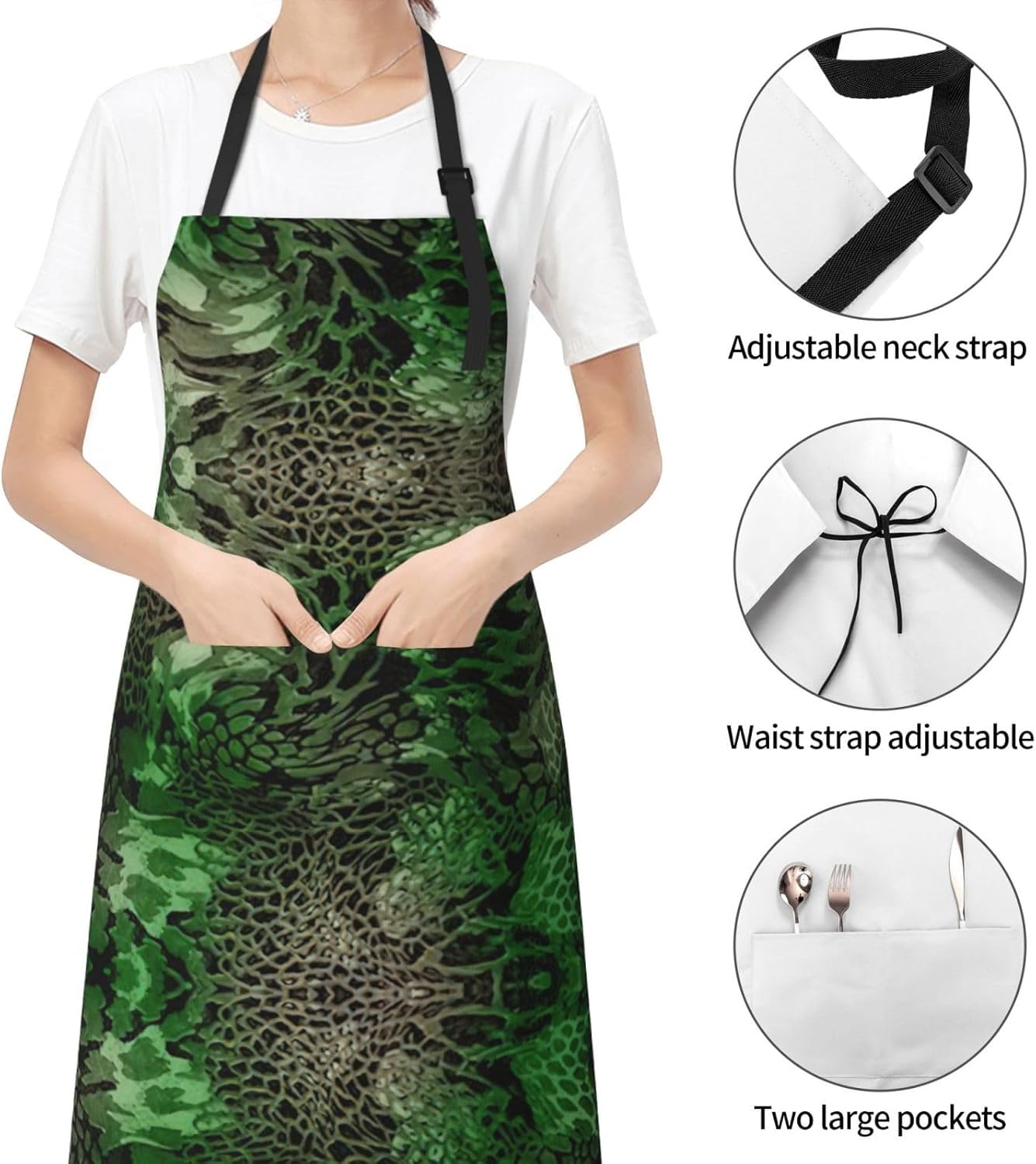 Green Snake Print 28x33 In Adult Kitchen Apron with Pockets Versatile Chef Smock for Cooking Baking