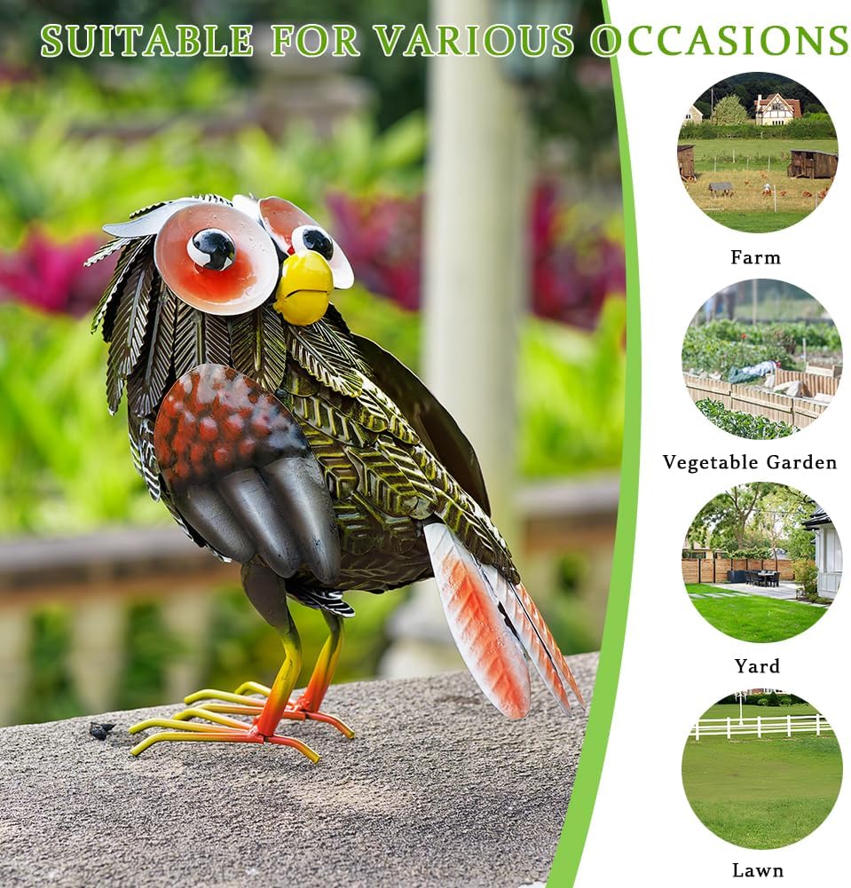 Metal Owl Garden Statue, 9'' Funny Owl Figurine Outdoor Yard Art Decor, Waterproof Owls Decor for Garden, Lawn, Backyard(Grey)