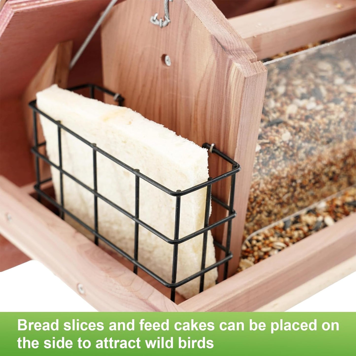 Wooden Bird Feeder for Outdoors Hanging Mount Large Capacity, Red Cedar Garden Roof Feeder with 2 Suet Cages, Cardinal Bluebird Birdfeeder for Garden Decoration Yard, Weatherproof Durable