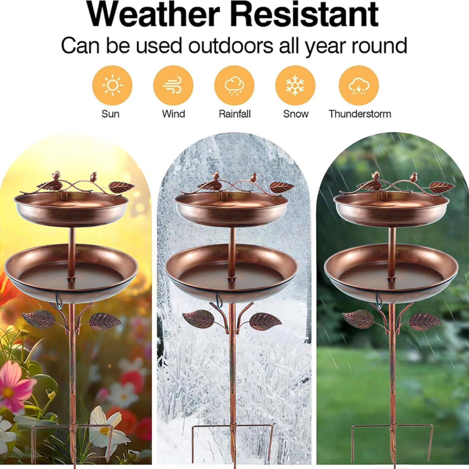 Decorative 2-Tier Metal Birdbath Feeder, Copper Bronze Finish with Lea
