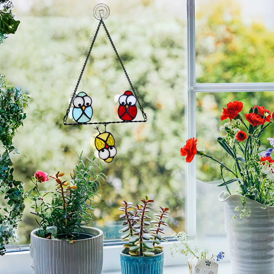 Multicolor Owl Stained Glass Suncatcher for Window,Birds Stained Glass Window Hangings,Bird Suncatchers Deocr for Door Room,Owl Gifts for Mom,Grandma,Birds Gifts for Bird Lovers Women